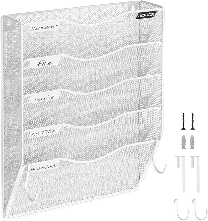 BOHDK Wall File Organizer, 5 Tire Hanging File Folder Organizer, Vertical Mesh Metal Door/Wall Mount Hanging File Holder, Paper Document Magazine Rack with Hooks for Home Office White - Image 1
